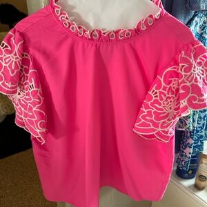 JODIFL Fuchsia Blouse with White Lace Sleeves
